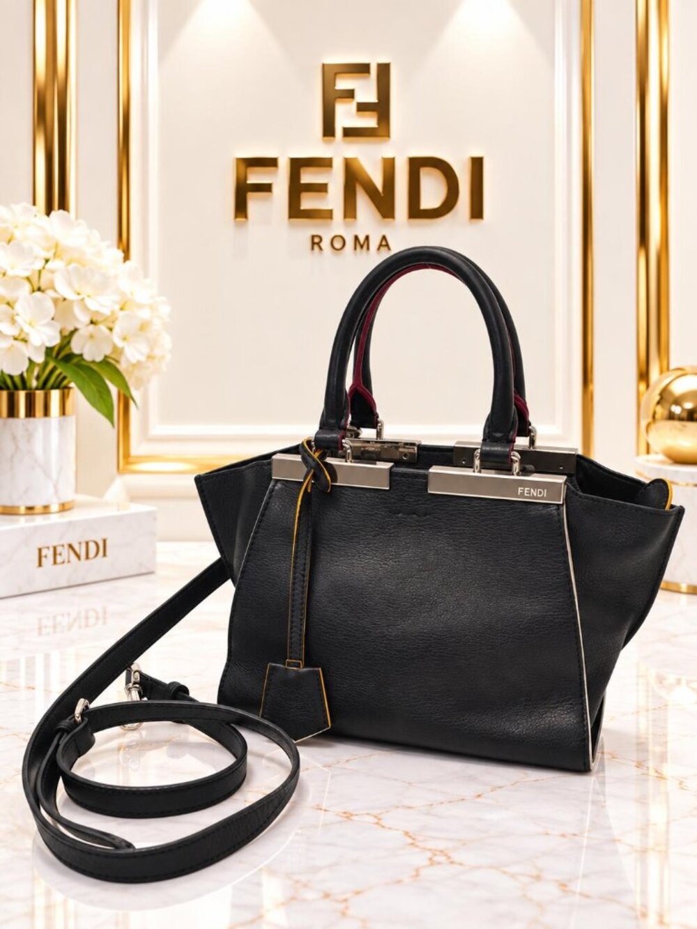 Authentic Fendi 3Jours Black Leather Mini Tote Crossbody Bag Silver Hardware